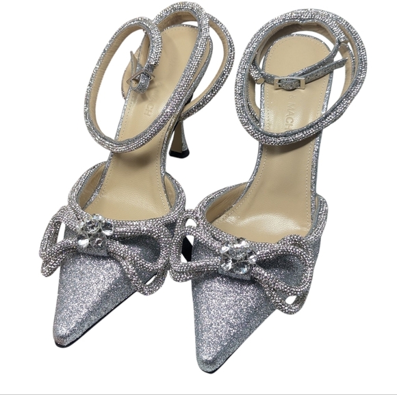 NIB MACH & MACH Double Bow Crystal Glittered Silver Pointed Toe Pump Size 38.5 - Picture 4 of 16